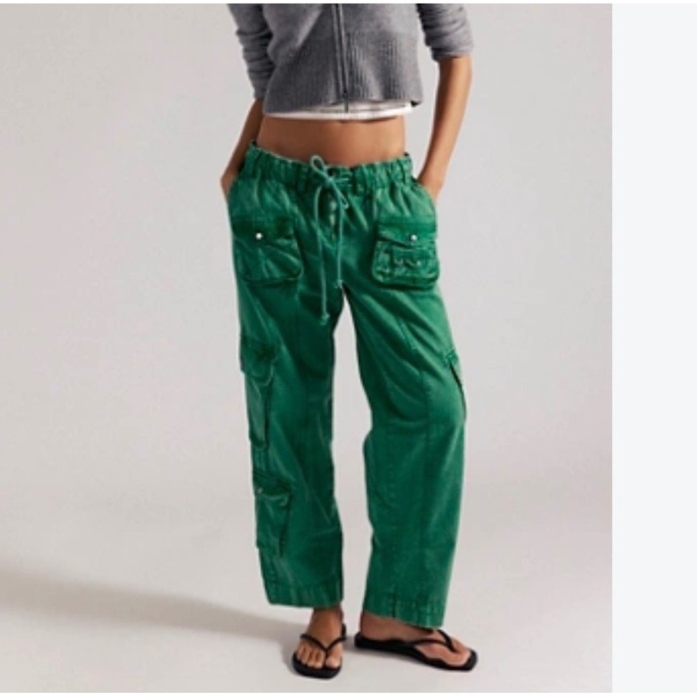 Free People XS Green Tahiti Utility Pants Ankle Cargo Casual Boho